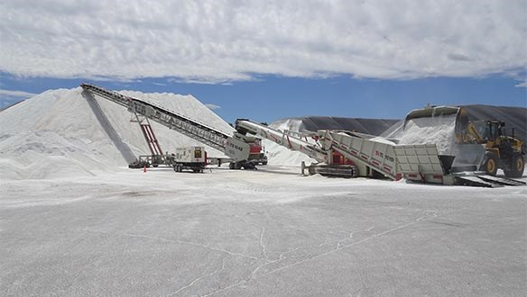 titan and telescopic stacker stockpiling road salt 