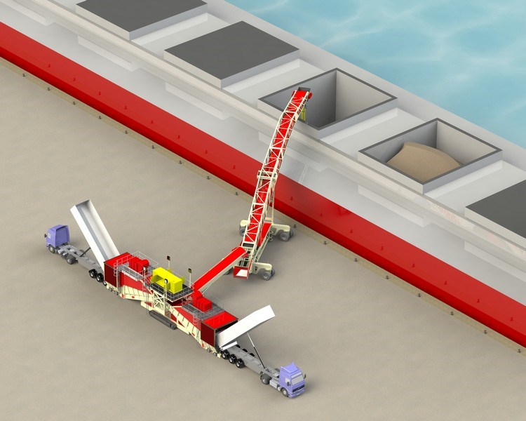 Dual Feeder & Cambered Boom Shiploader with Radial Arms & Track Bogie
