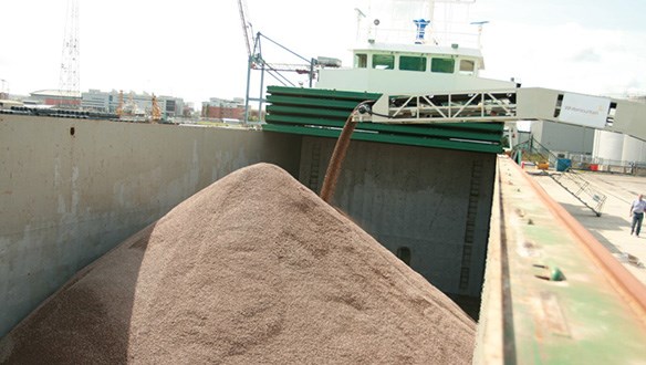 Cambered boom shiploader loading coaster vessel