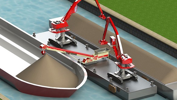 Hopper Feeder Transhipping, Small to Large Vessel.